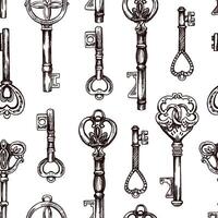 Hand-drawn seamless pattern of vintage decorative keys sketches with intricate forging. Ink and pen drawing illustration, keys on white background. vector