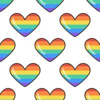 GBTQ Pride heart seamless pattern. Heart with LGBT Pride Rainbow Flag Pattern. Flat illustration in Groovy 70s style. vector