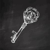 Hand-drawn vintage decorative keys sketches with intricate forging. Ink and pen drawing illustration, keys on chalkboard background. vector