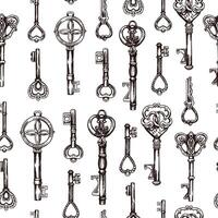 Hand-drawn seamless pattern of vintage decorative keys sketches with intricate forging. Ink and pen drawing illustration, keys on white background. vector