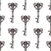 Hand-drawn seamless pattern of vintage decorative keys sketches with intricate forging. Ink and pen drawing illustration, keys on white background. vector