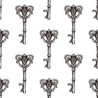 Hand-drawn seamless pattern of vintage decorative keys sketches with intricate forging. Ink and pen drawing illustration, keys on white background. vector