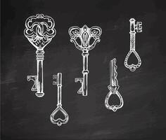 Hand-drawn set of vintage decorative keys sketches with intricate forging. Ink and pen drawing illustration, keys on chalkboard background. vector