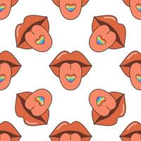 A mouth with lips and a heart on the tongue, seamless pattern. The heart is made in the colors of the LGBT flag. A flat illustration in the style of the 70s. vector