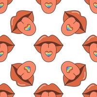 A mouth with lips and a heart on the tongue, seamless pattern. The heart is made in the colors of the LGBT flag. A flat illustration in the style of the 70s. vector