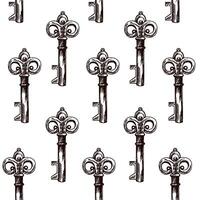 Hand-drawn seamless pattern of vintage decorative keys sketches with intricate forging. Ink and pen drawing illustration, keys on white background. vector