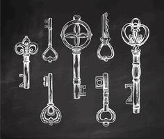 Hand-drawn set of vintage decorative keys sketches with intricate forging. Ink and pen drawing illustration, keys on chalkboard background. vector