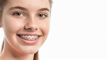 tirantes en dientes hermosa rojo labios y blanco dientes con metal tirantes. un muchachas sonrisa. foto