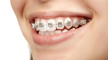 braces on teeth Beautiful red lips and white teeth with metal braces. A girl's smile. photo