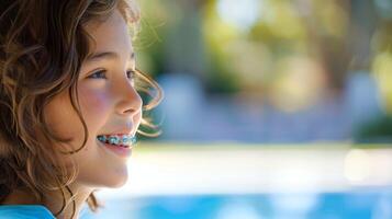 braces on teeth Beautiful red lips and white teeth with metal braces. A girl's smile. photo