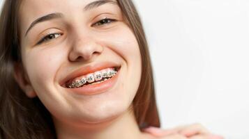 tirantes en dientes hermosa rojo labios y blanco dientes con metal tirantes. un muchachas sonrisa. foto