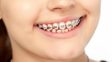 braces on teeth Beautiful red lips and white teeth with metal braces. A girl's smile. photo
