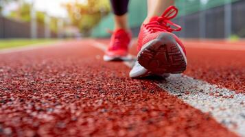 Fitness, sports, training, people and lifestyle concepts. Close-up of woman's feet running on a track from behind. photo