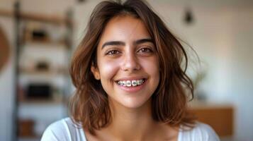 braces on teeth Beautiful red lips and white teeth with metal braces. A girl's smile. photo