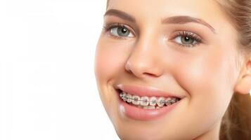 braces on teeth Beautiful red lips and white teeth with metal braces. A girl's smile. photo