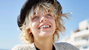 tirantes en dientes hermosa rojo labios y blanco dientes con metal tirantes. un muchachas sonrisa. foto