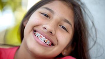 braces on teeth Beautiful red lips and white teeth with metal braces. A girl's smile. photo