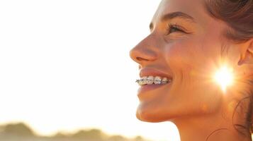 braces on teeth Beautiful red lips and white teeth with metal braces. A girl's smile. photo