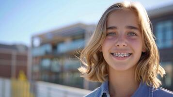 braces on teeth Beautiful red lips and white teeth with metal braces. A girl's smile. photo