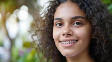 tirantes en dientes hermosa rojo labios y blanco dientes con metal tirantes. un muchachas sonrisa. foto