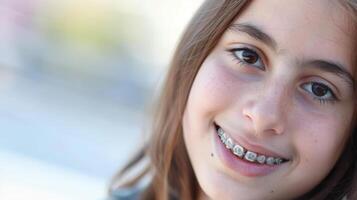 tirantes en dientes hermosa rojo labios y blanco dientes con metal tirantes. un muchachas sonrisa. foto