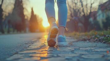 Fitness, sports, training, people and lifestyle concepts. Close-up of woman's feet running on a track from behind. photo