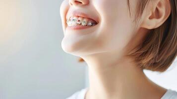 braces on teeth Beautiful red lips and white teeth with metal braces. A girl's smile. photo