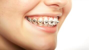 braces on teeth Beautiful red lips and white teeth with metal braces. A girl's smile. photo