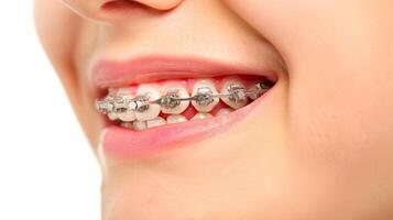 braces on teeth Beautiful red lips and white teeth with metal braces. A girl's smile. photo