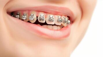 braces on teeth Beautiful red lips and white teeth with metal braces. A girl's smile. photo