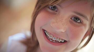 tirantes en dientes hermosa rojo labios y blanco dientes con metal tirantes. un muchachas sonrisa. foto