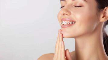 braces on teeth Beautiful red lips and white teeth with metal braces. A girl's smile. photo