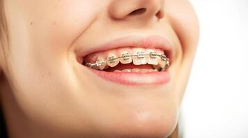 braces on teeth Beautiful red lips and white teeth with metal braces. A girl's smile. photo