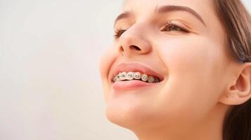 tirantes en dientes hermosa rojo labios y blanco dientes con metal tirantes. un muchachas sonrisa. foto