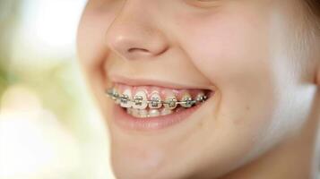 braces on teeth Beautiful red lips and white teeth with metal braces. A girl's smile. photo