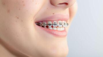 braces on teeth Beautiful red lips and white teeth with metal braces. A girl's smile. photo