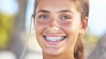 tirantes en dientes hermosa rojo labios y blanco dientes con metal tirantes. un muchachas sonrisa. foto