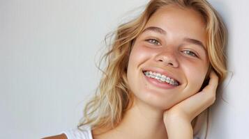 braces on teeth Beautiful red lips and white teeth with metal braces. A girl's smile. photo