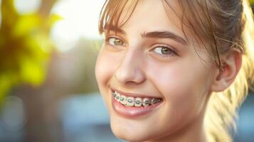 tirantes en dientes hermosa rojo labios y blanco dientes con metal tirantes. un muchachas sonrisa. foto