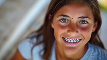 tirantes en dientes hermosa rojo labios y blanco dientes con metal tirantes. un muchachas sonrisa. foto