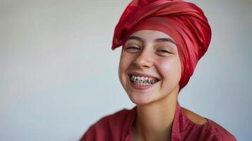 braces on teeth Beautiful red lips and white teeth with metal braces. A girl's smile. photo