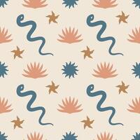 seamless pattern with snake with signs of sun, starfish, tropical plant. Mystical boho background for fabric design, packaging, phone case, wrapping paper vector