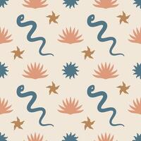 seamless pattern with snake with signs of sun, starfish, tropical plant. Mystical boho background for fabric design, packaging, phone case, wrapping paper vector