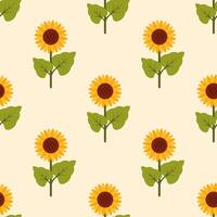Seamless pattern with sunflowers in flat style. Botanical background. Cottage core illustration isolated on white background. Ideal for cards, logo, decoration, spring and summer design vector