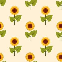 Seamless pattern with sunflowers in flat style. Botanical background. Cottage core illustration isolated on white background. Ideal for cards, logo, decoration, spring and summer design vector