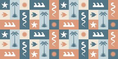 Summer tropical pattern in boho hippie surf style. Palm trees, starfish, waves, sun, bird, snake. seamless background for printing on fabric. vector