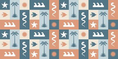 Summer tropical pattern in boho hippie surf style. Palm trees, starfish, waves, sun, bird, snake. seamless background for printing on fabric. vector