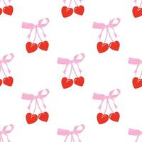 Seamless Cherry pattern with bow in cartoon style. Cute trendy design. funky illustration. Ballet-core, coquette-core background. vector