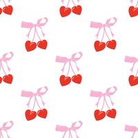 Seamless Cherry pattern with bow in cartoon style. Cute trendy design. funky illustration. Ballet-core, coquette-core background. vector