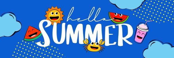 Hello summer camp poster design with fun cartoon characters. vector